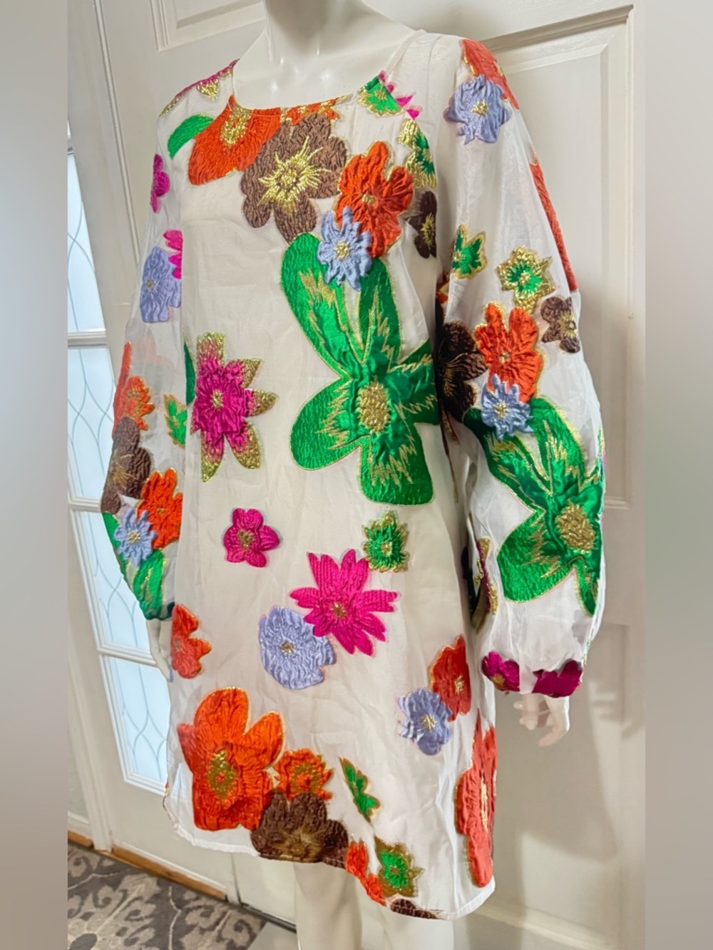 En Crème Floral Organza Bubble Sleeve Mini Dress long sleeve womens Sz Medium - Picture 6 of 13